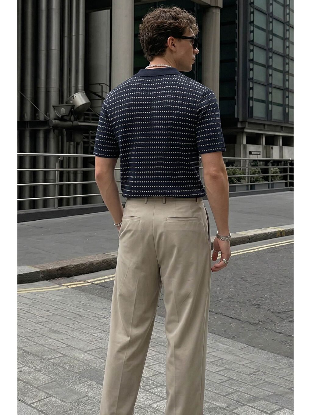 Erkek Relaxed Fit Ajurlu Örme Polo Yaka T-Shirt Lacivert-3