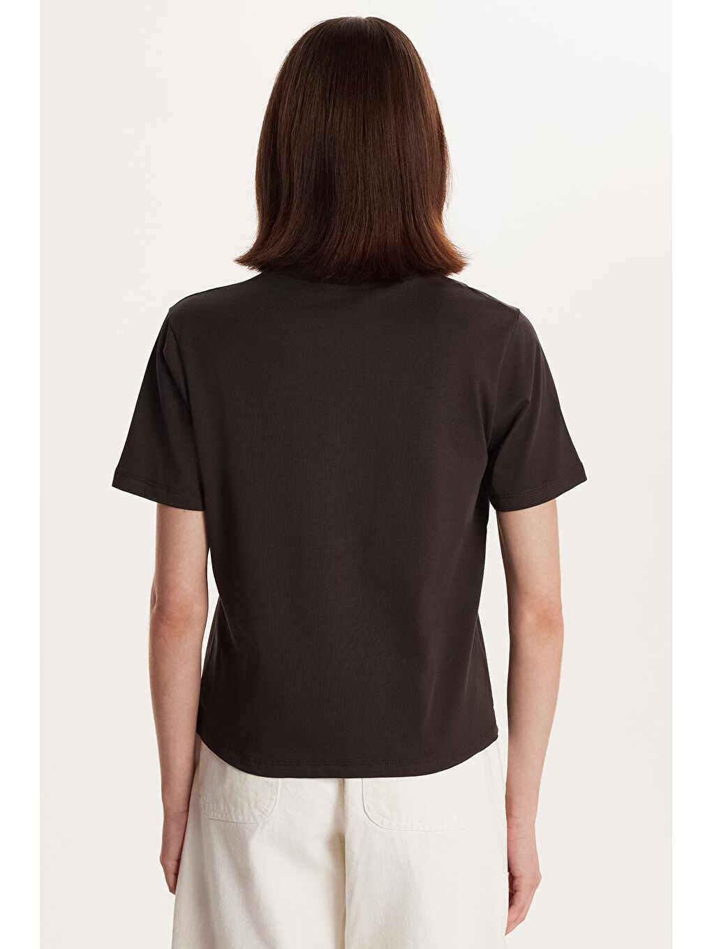 Kadın Relax Fit Rahat Kesim %100 Pamuk Baskılı Bisiklet Yaka Kahverengi Tişört-4