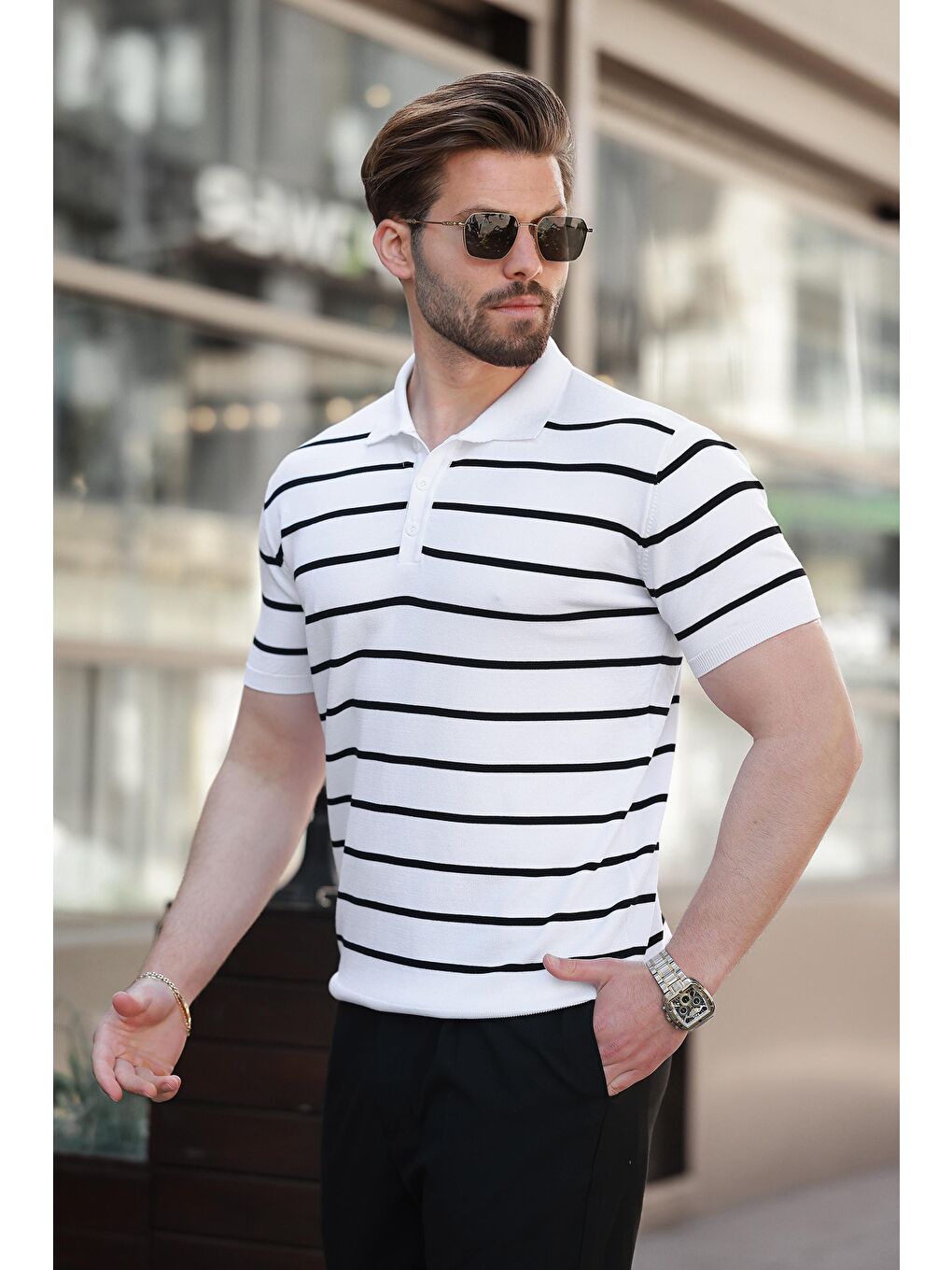 Beyaz Çizgili Polo Yaka Erkek T-Shirt E7405-2
