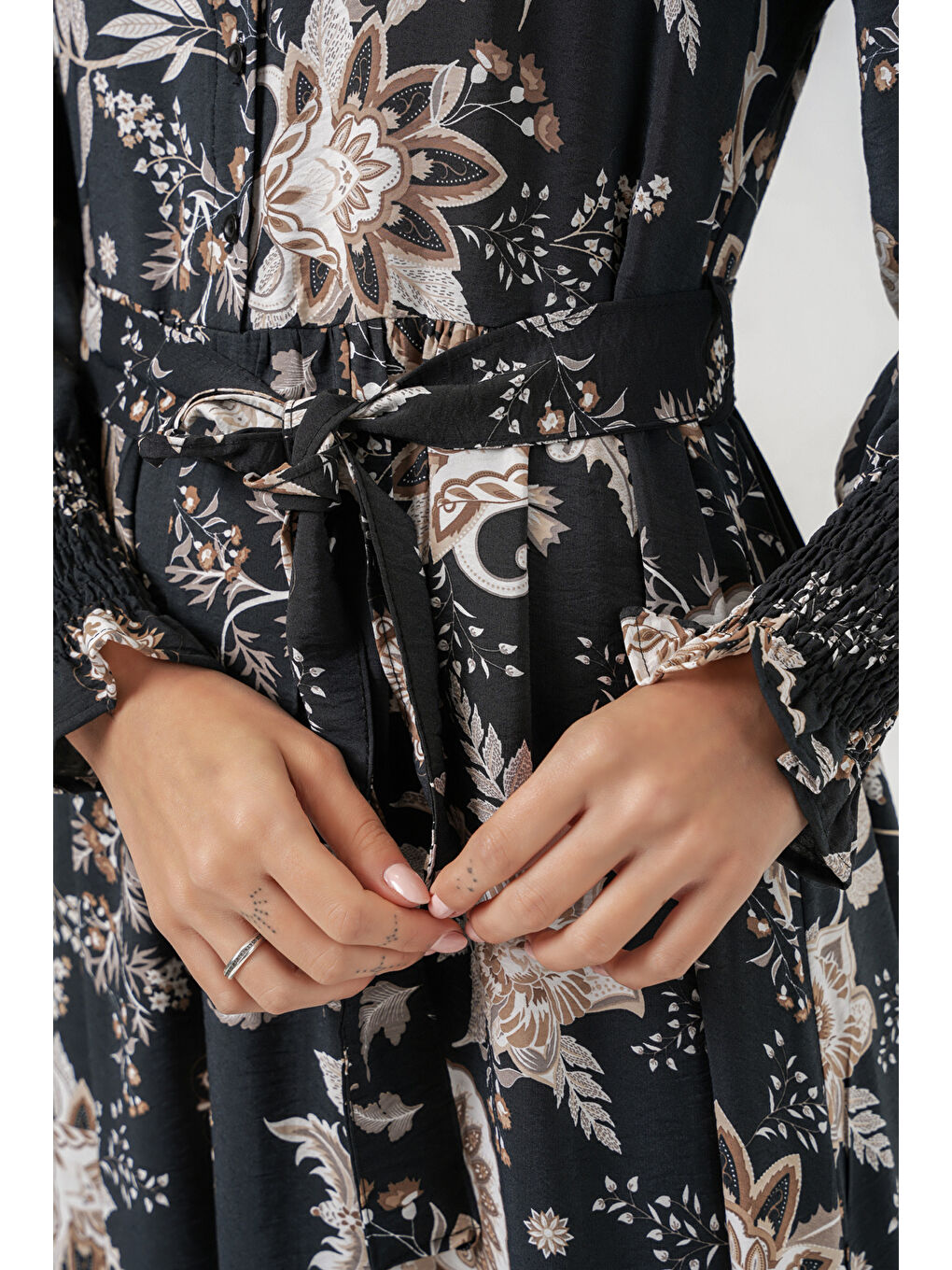 Kadın Kuşaklı Tesettür Elbise 2589 - Y.Siyah-4