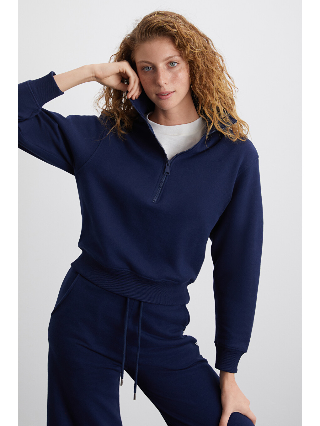 Saılenıs Kadın Yumuşacık İçi Şardonlu Organik Pamuk Yarım Fermuarlı Regular Lacivert Sweatshirt-4