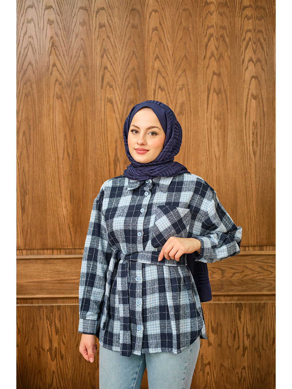 Kadın Ekose Desen Gömlek Mavi-1