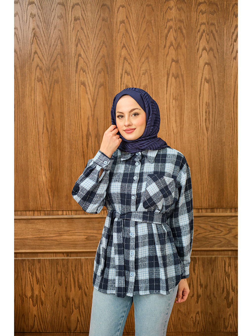 Kadın Ekose Desen Gömlek Mavi-2