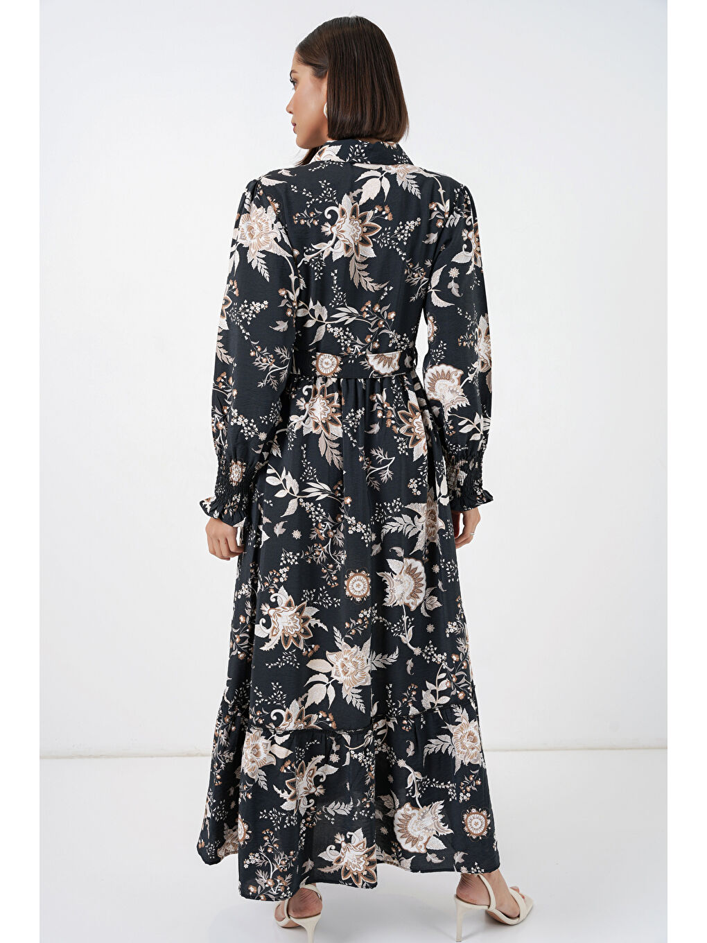 Kadın Kuşaklı Tesettür Elbise 2589 - Y.Siyah-5