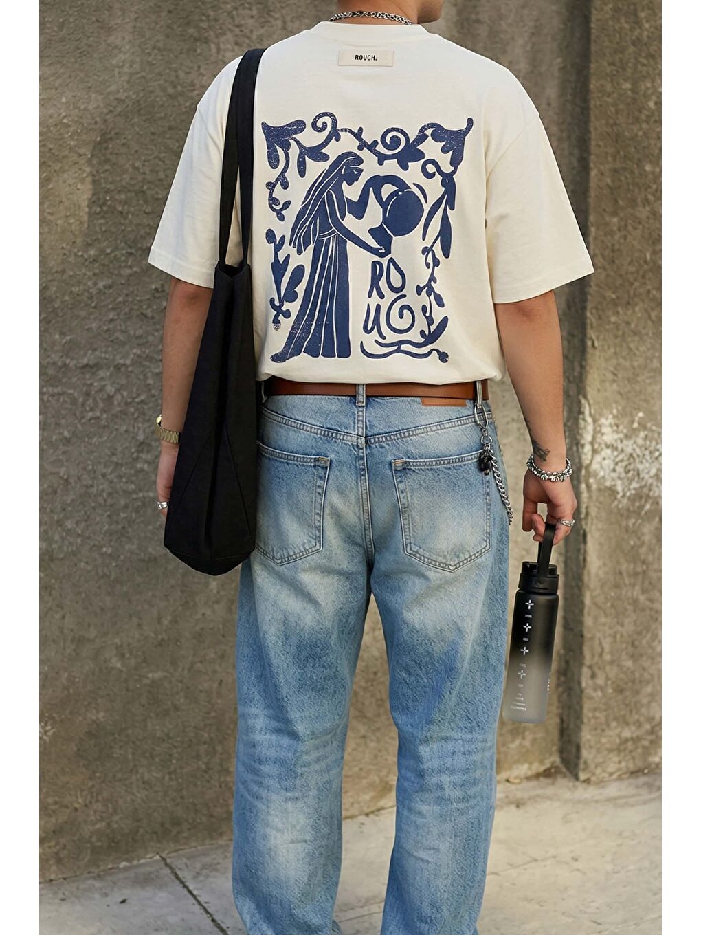 Erkek Süper Oversize Antik Figür Baskılı Premium T-Shirt Ekru-3