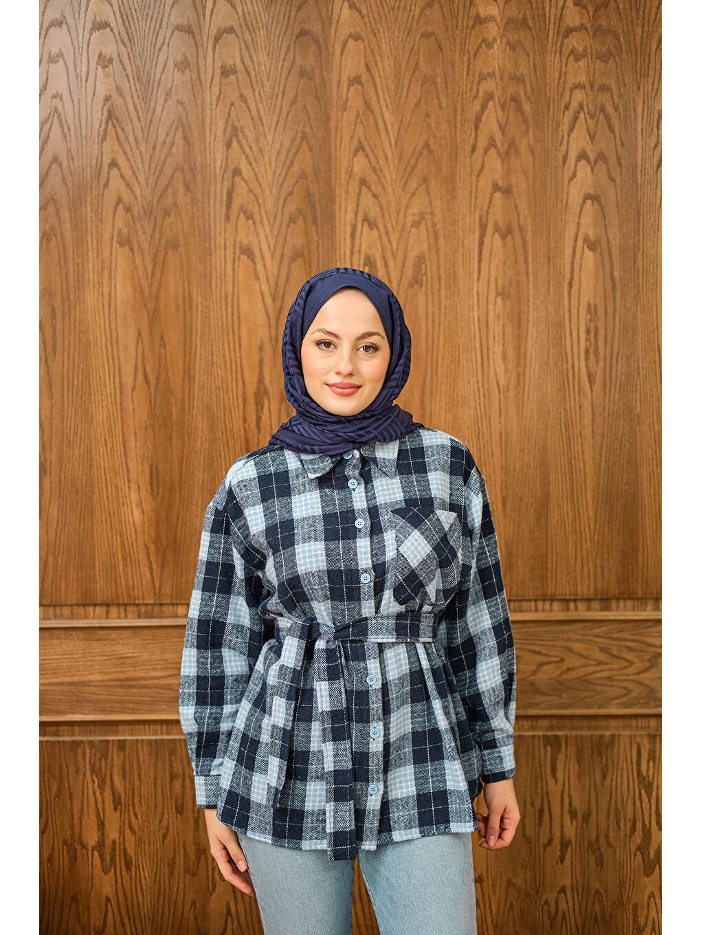Kadın Ekose Desen Gömlek Mavi-3