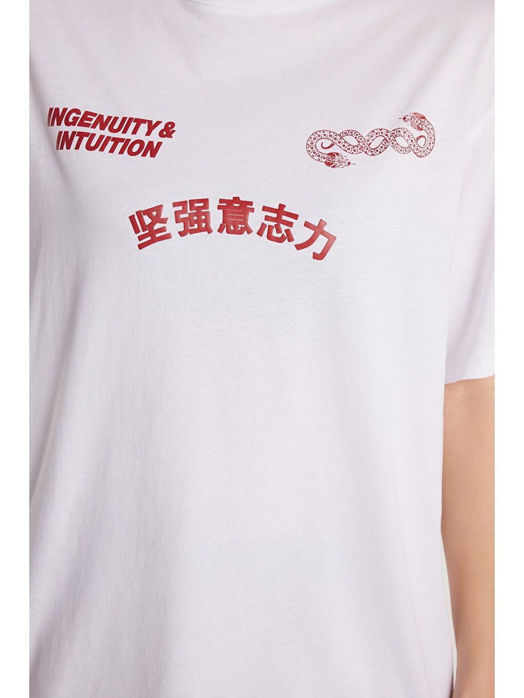 Kadın Slim Fit %100 Pamuk Baskılı Beyaz Bisiklet Yaka Tişört-2