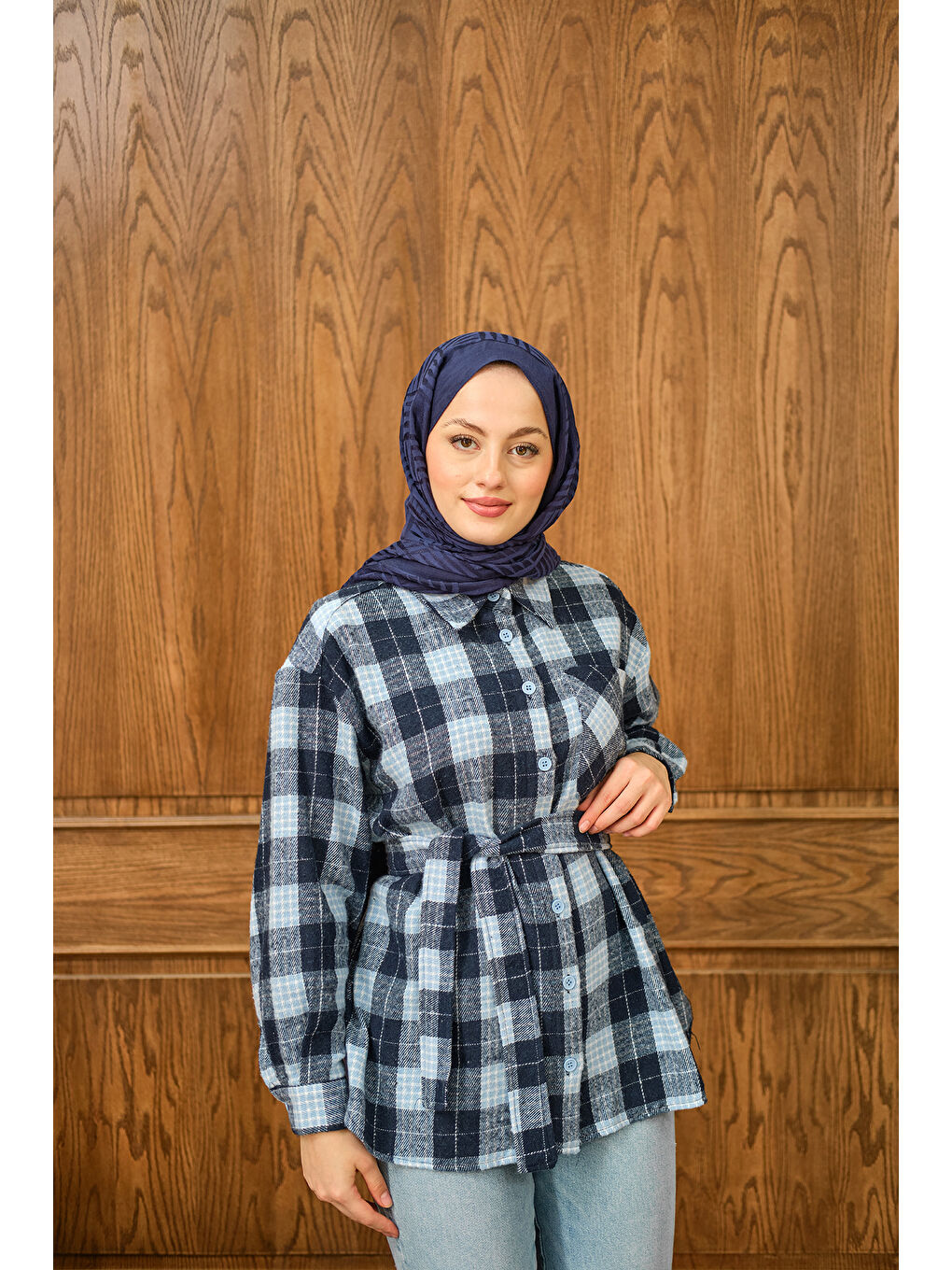 Kadın Ekose Desen Gömlek Mavi-4