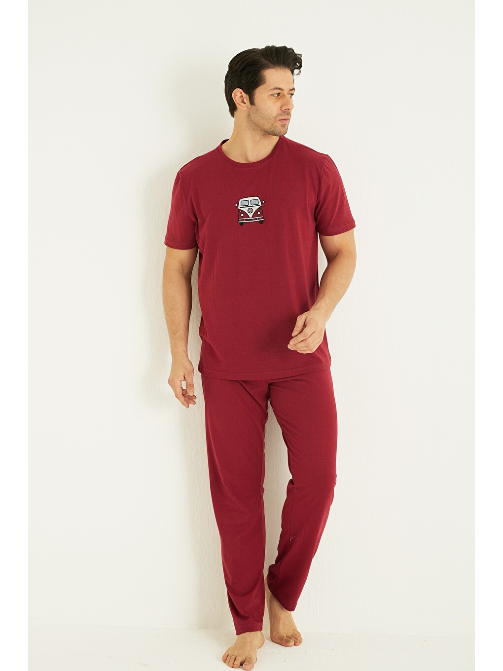 Bordo Kısa Kollu Örme Erkek Pijama Takım 7794-1