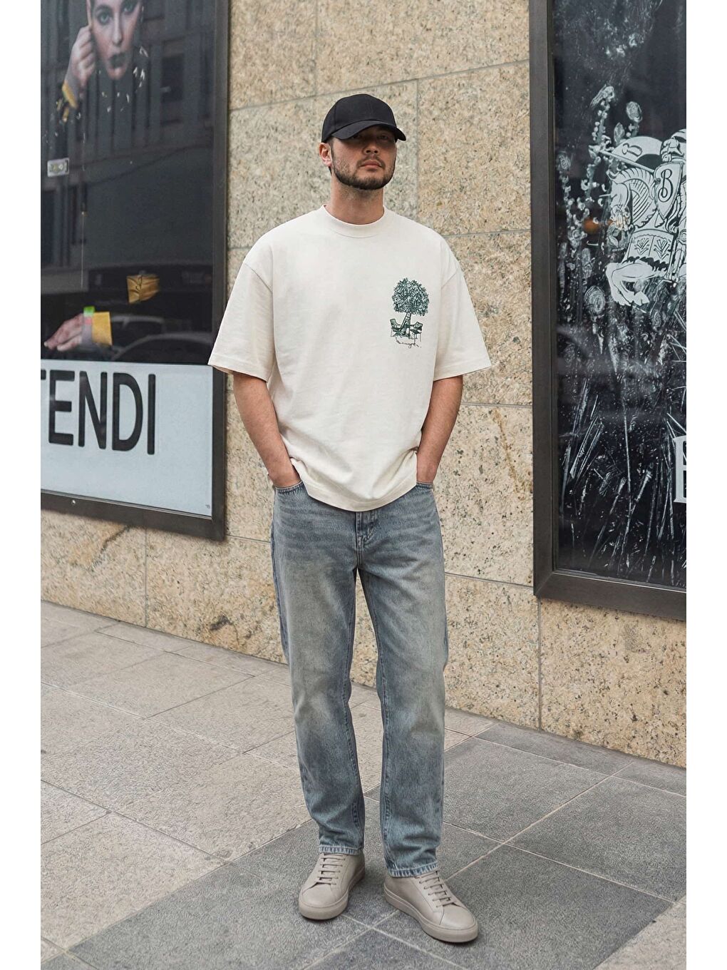 Erkek Süper Oversize %100 Pamuk Nature Baskılı T-Shirt Ekru-2