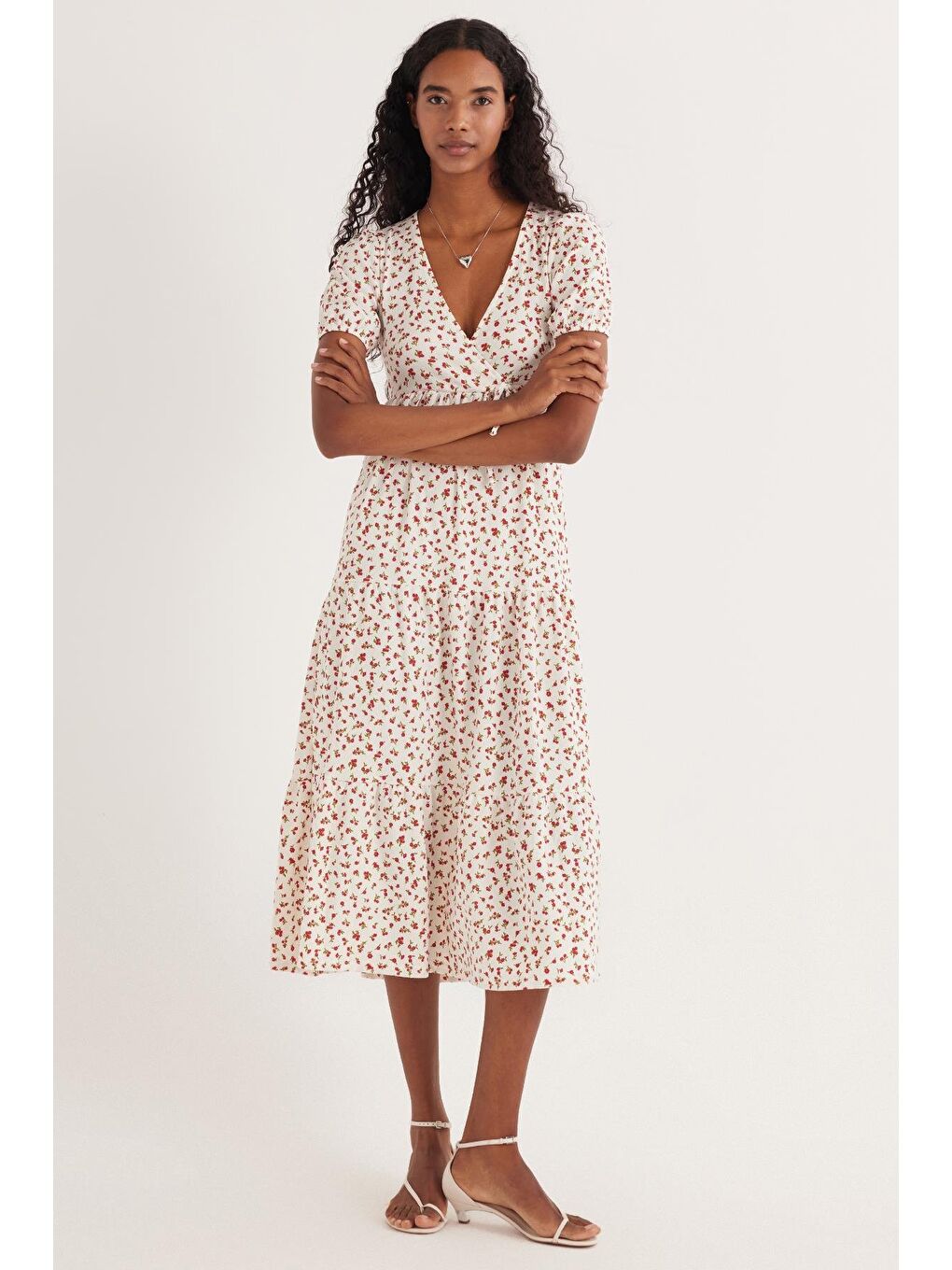 Karışık Kadın Slim Fit Dar Kesim Kısa Kollu Baskılı V Yaka Elbise-4