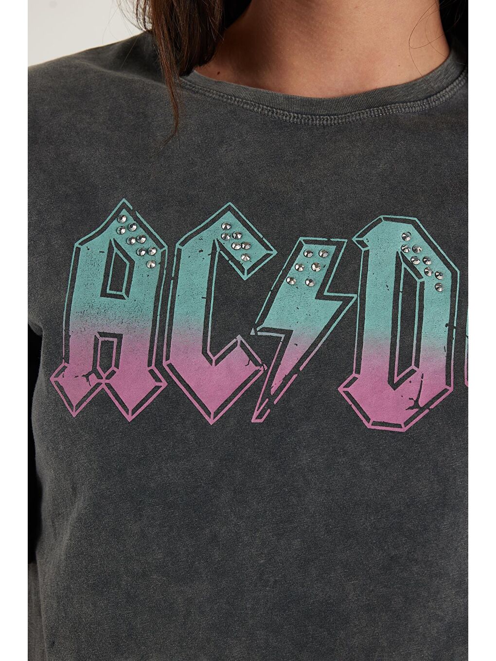 Kadın Relax Fit Rahat Kesim %100 Pamuk Kısa Kollu Bisiklet Yaka Baskılı Antrasit Tişört-2