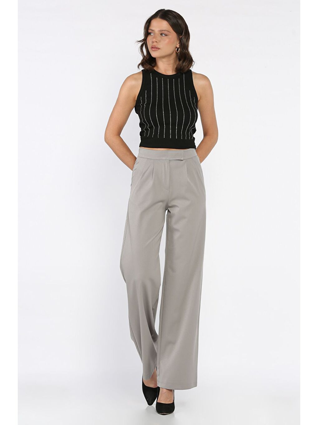 Gri Kadın Bel Lastikli Cırtlı Palazzo Pantolon-1