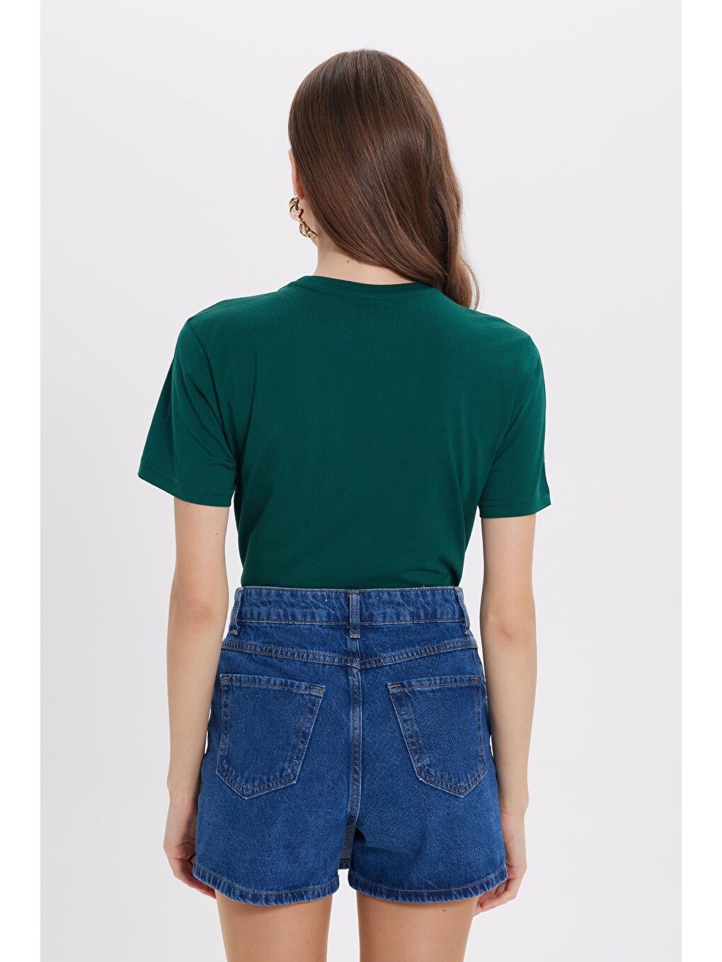 Kadın Bol Kesim Rahat Duruş %100 Pamuk Yumuşak Dokulu Yeşil Bisiklet Yaka Tişört-6