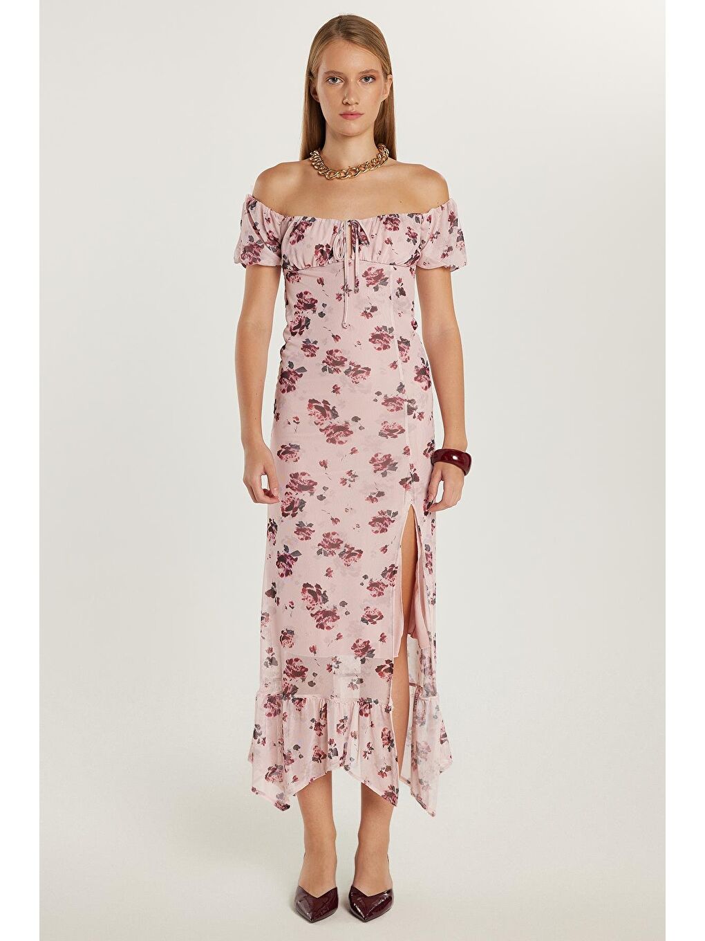 Karışık Kadın Standart Fit Yırtmaçlı Bağlama Detaylı Straplez Tül Elbise