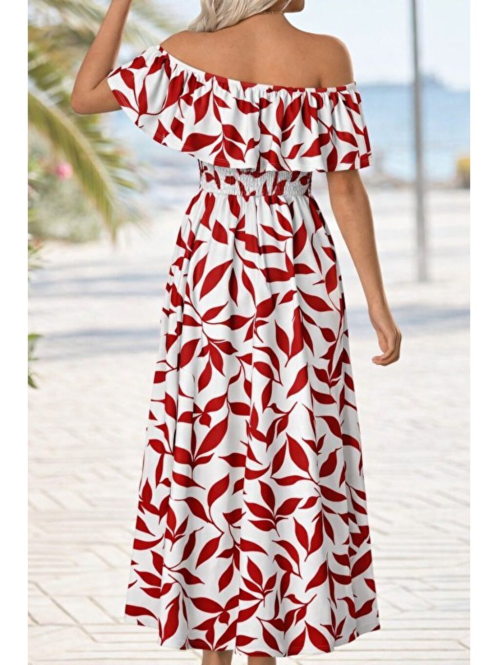 Kırmızı Kadın Madonna Yaka Göğüs Lastikli Yırtmaçlı Uzun Desenli Süprem Elbise-1