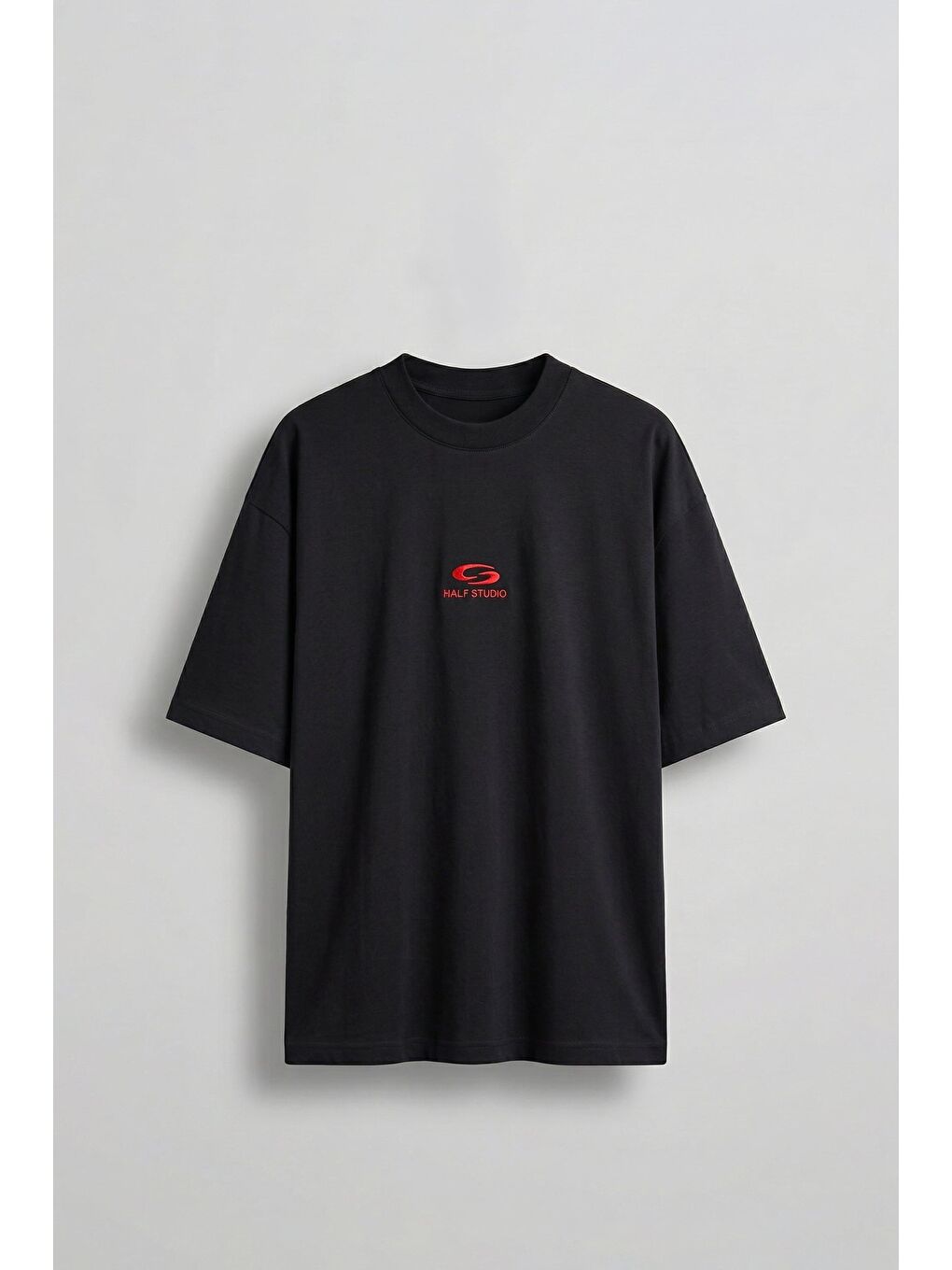 Erkek Oversize Basic Minimal Logo Nakışlı T-Shirt Siyah
