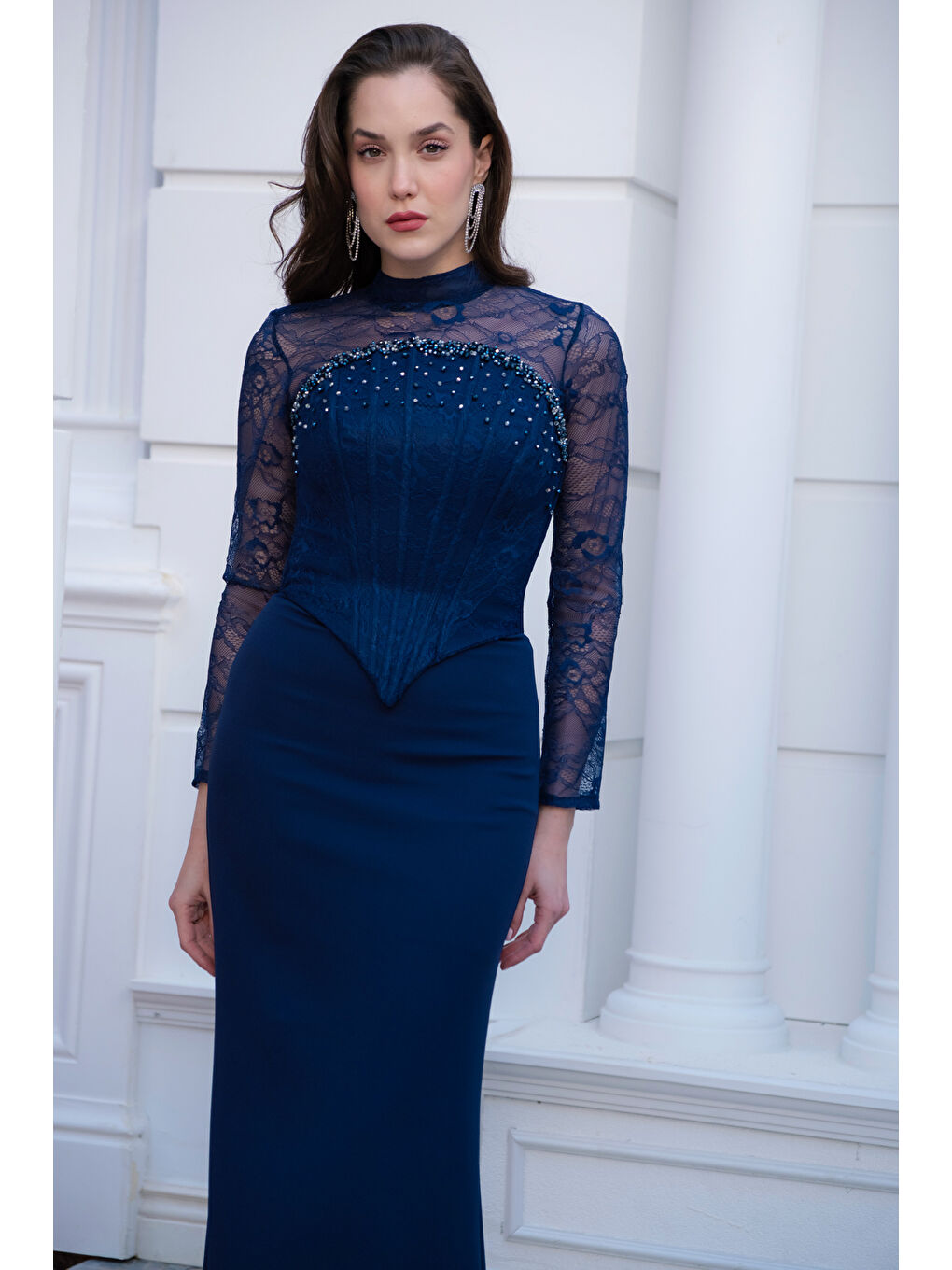 Kadın Lacivert Bolero Detaylı Uzun Dantelli Balık Abiye Elbise-1