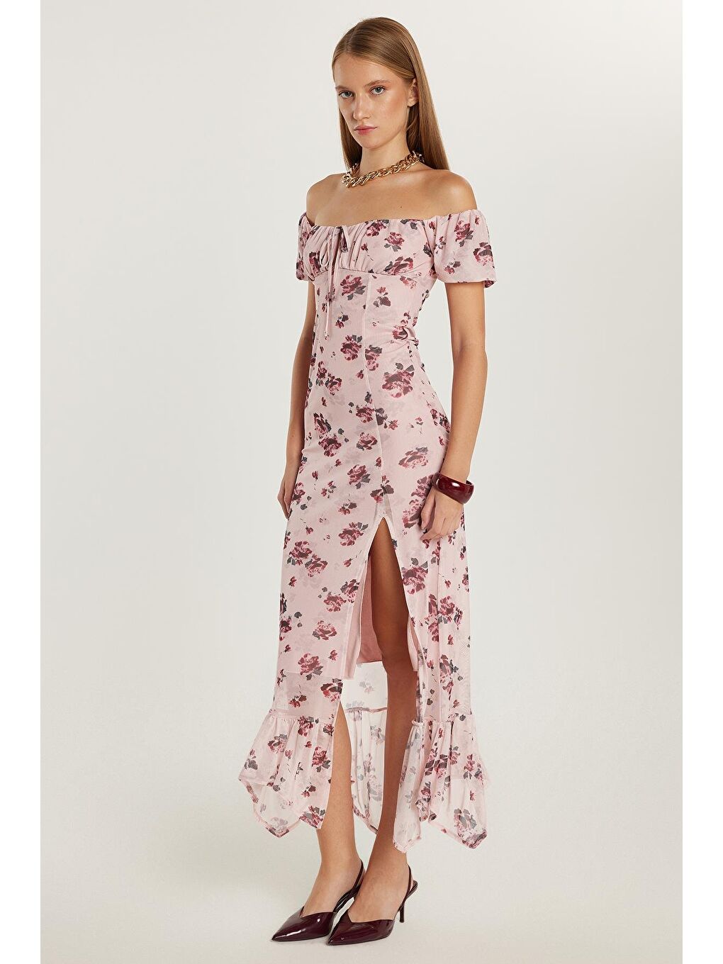 Karışık Kadın Standart Fit Yırtmaçlı Bağlama Detaylı Straplez Tül Elbise-3