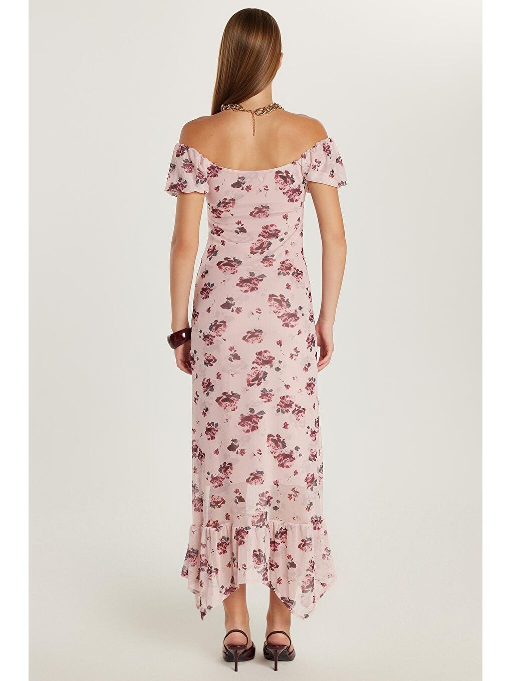 Karışık Kadın Standart Fit Yırtmaçlı Bağlama Detaylı Straplez Tül Elbise-4