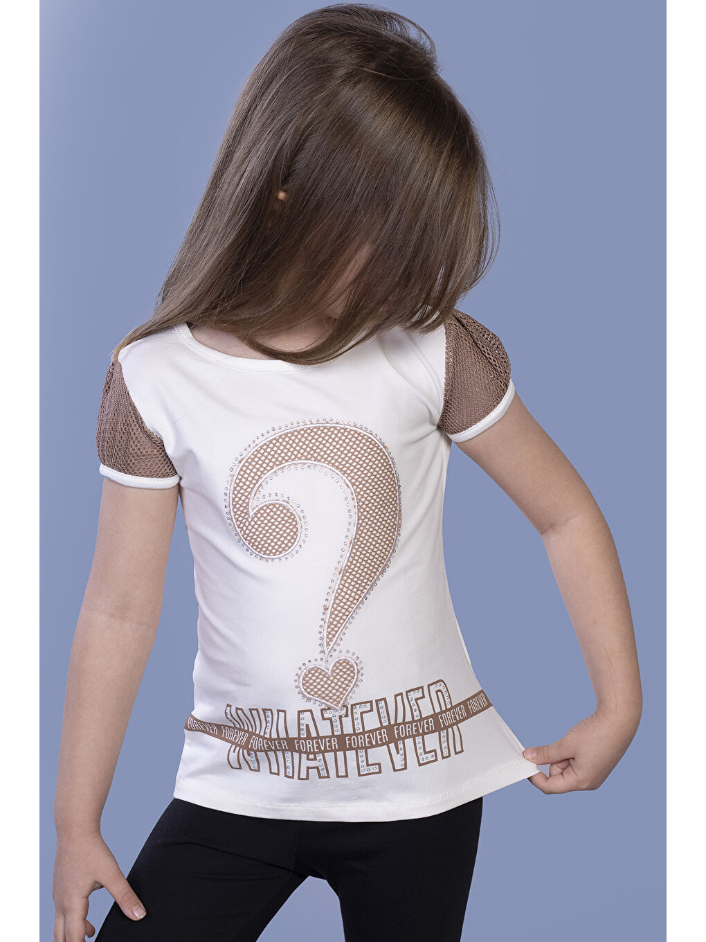 Ekru Kız Çocuk Nakışlı Taş İşlemeli Tişört