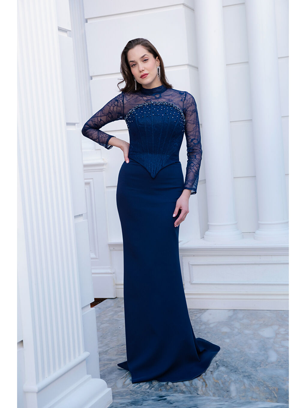 Kadın Lacivert Bolero Detaylı Uzun Dantelli Balık Abiye Elbise-2