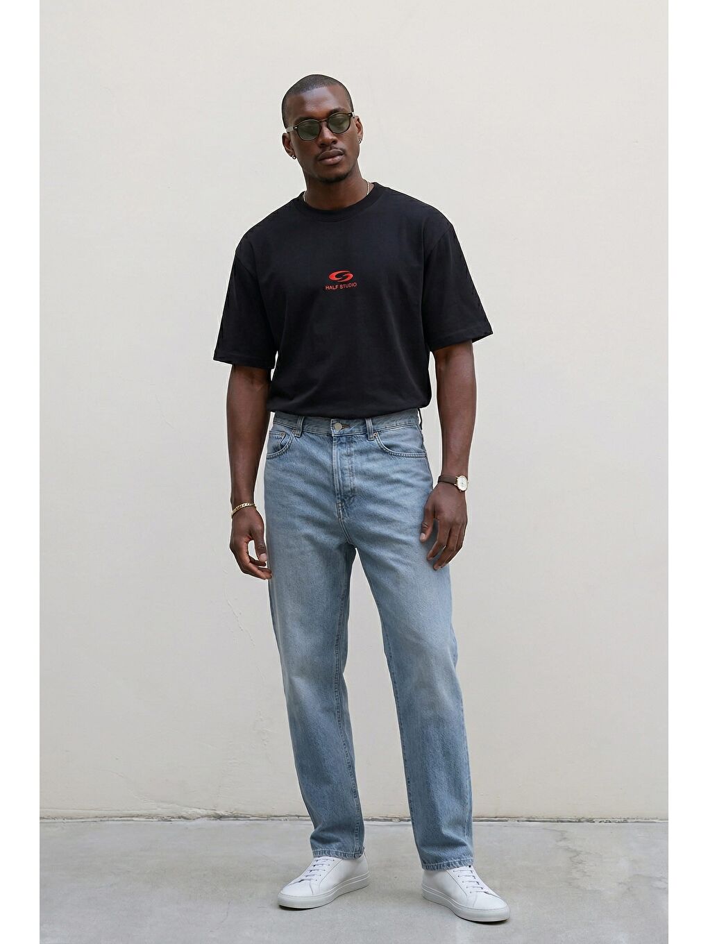 Erkek Oversize Basic Minimal Logo Nakışlı T-Shirt Siyah-2