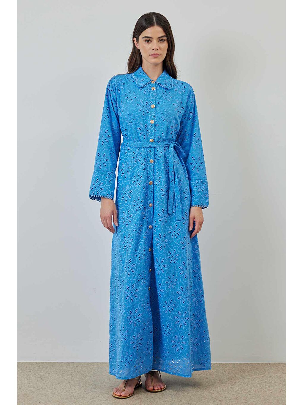 Gold Düğmeli Brode Elbise  - Mavi-4