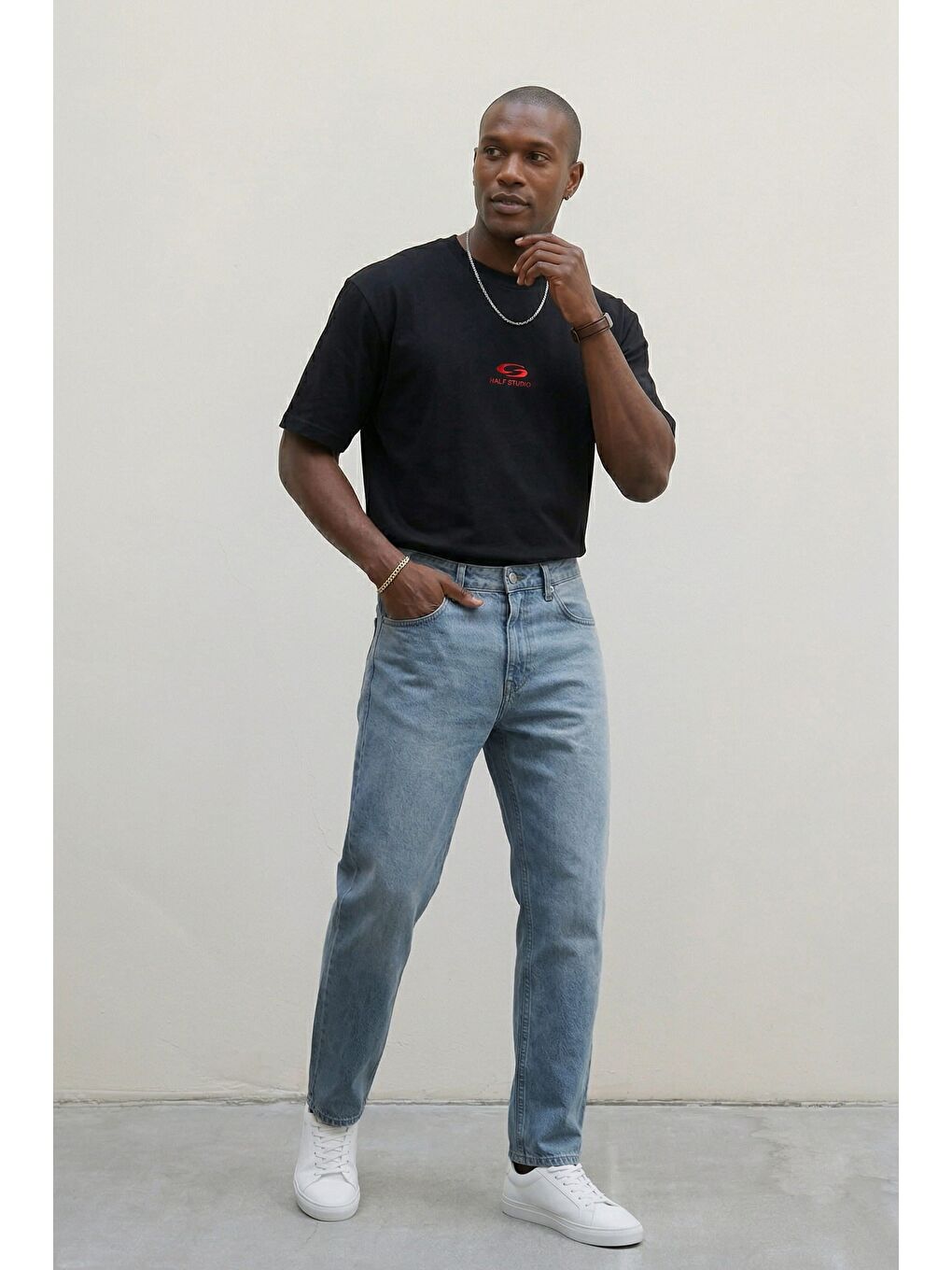 Erkek Oversize Basic Minimal Logo Nakışlı T-Shirt Siyah-3