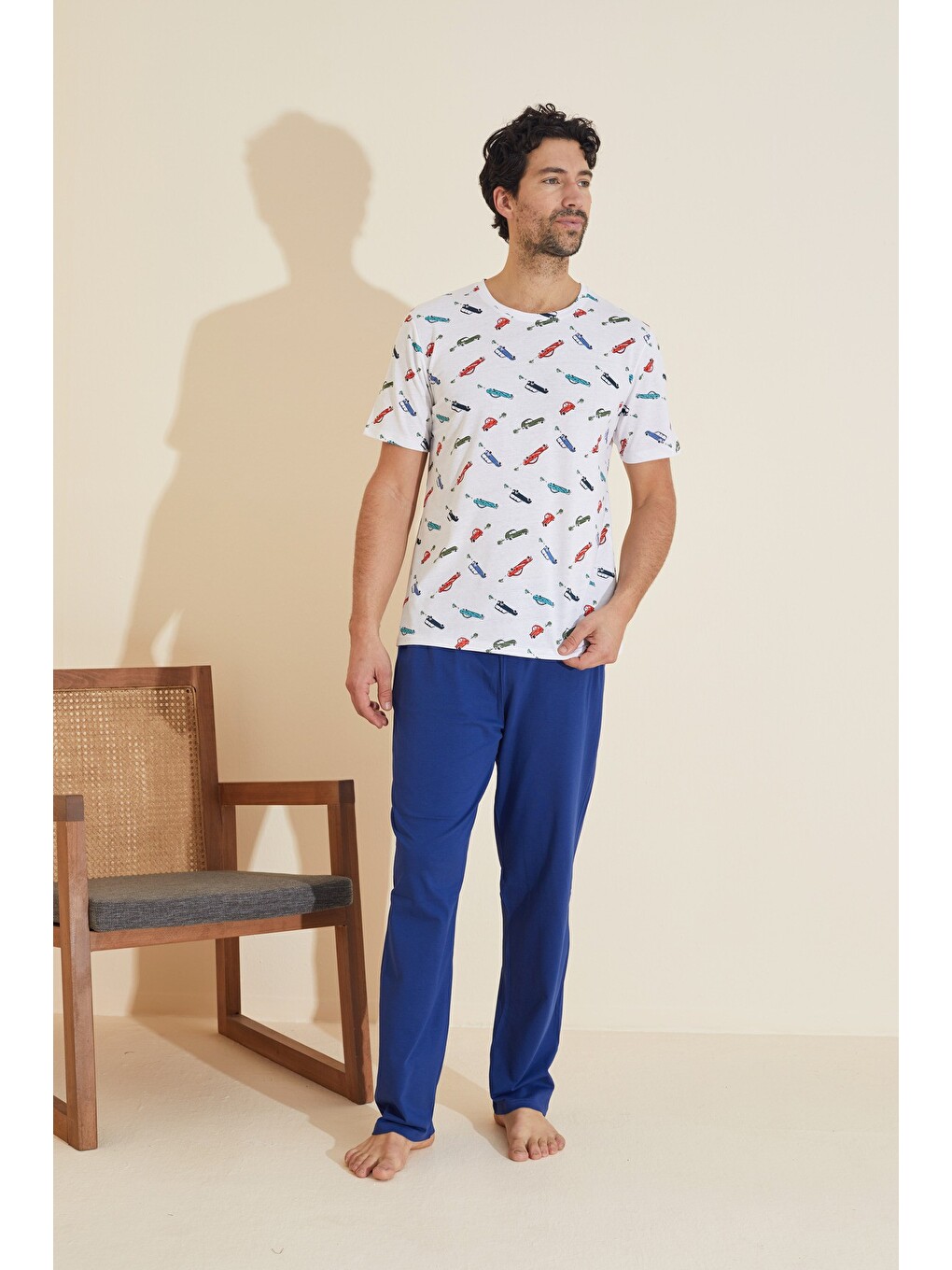 Beyaz Bisiklet Yaka Baskılı Örme Pijama Takım 25109843-1