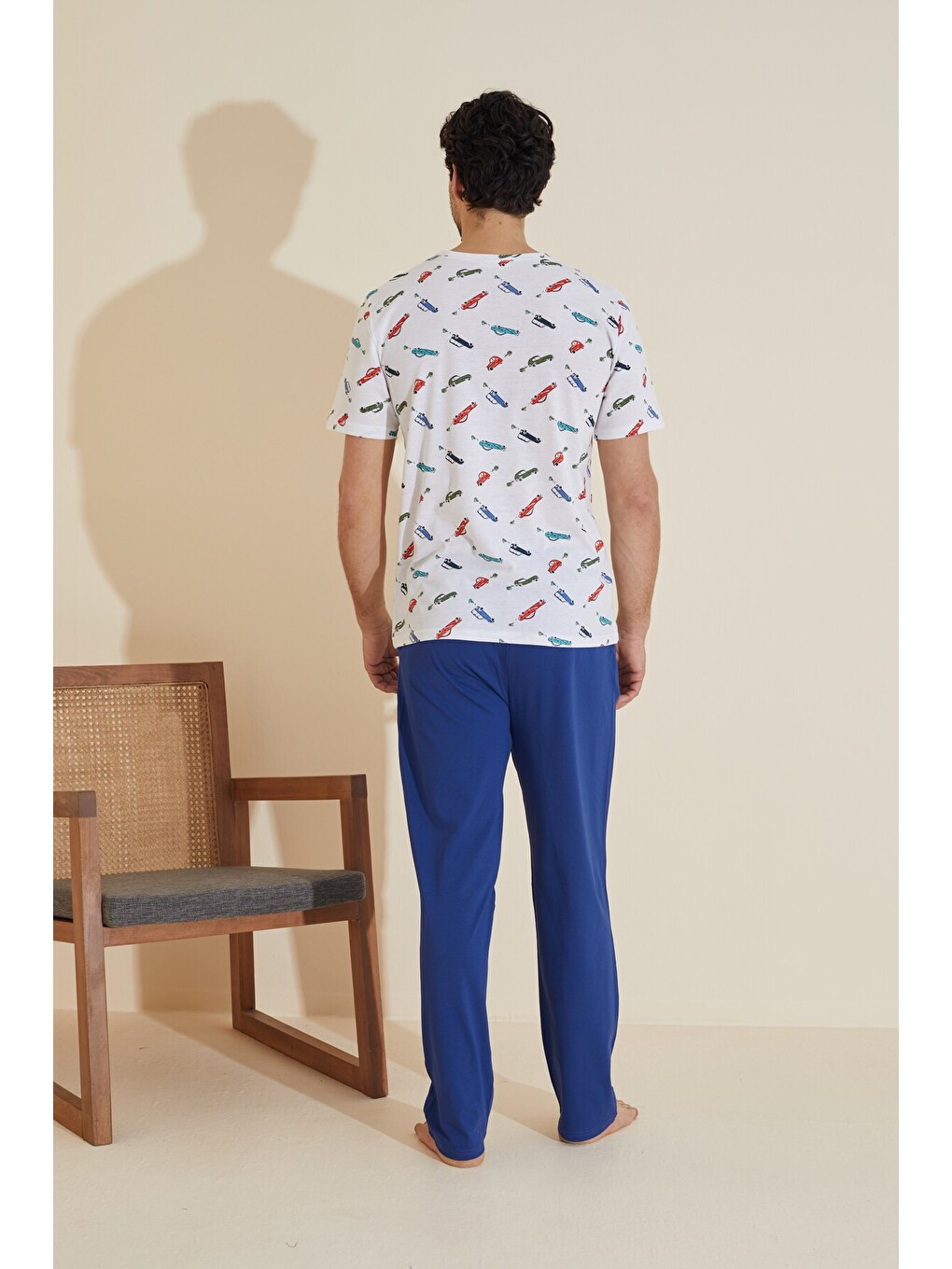 Beyaz Bisiklet Yaka Baskılı Örme Pijama Takım 25109843-2