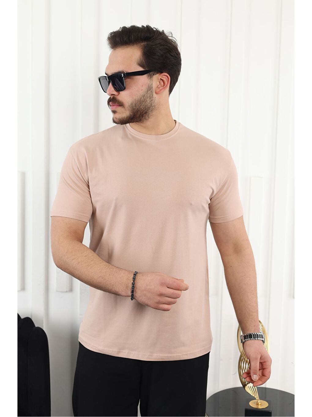 Pembe Erkek Slim Fit Baskısız T-Shirt