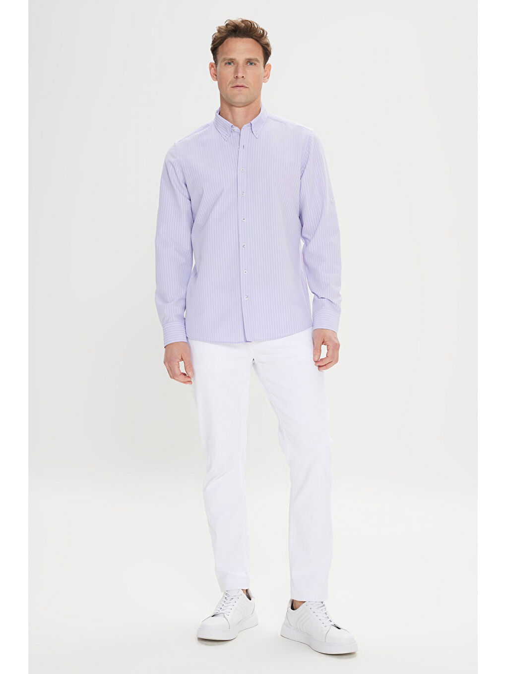 Erkek Lila Slim Fit Dar Kesim Gofre Desenli Düğmeli Yaka Hafif Kumaş Gömlek-1