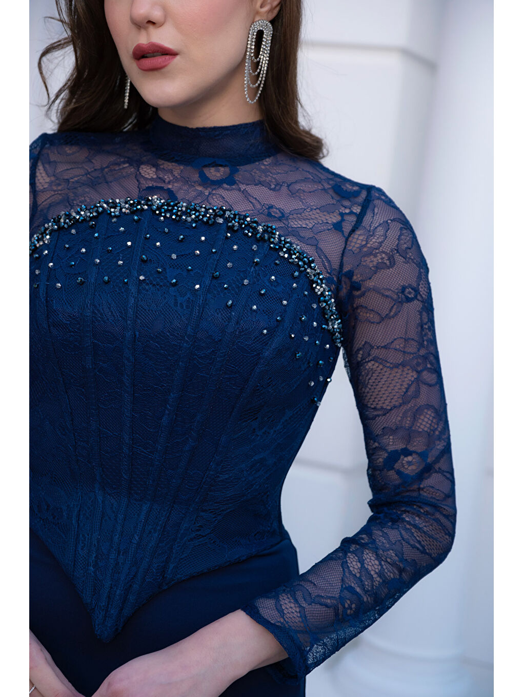 Kadın Lacivert Bolero Detaylı Uzun Dantelli Balık Abiye Elbise-3