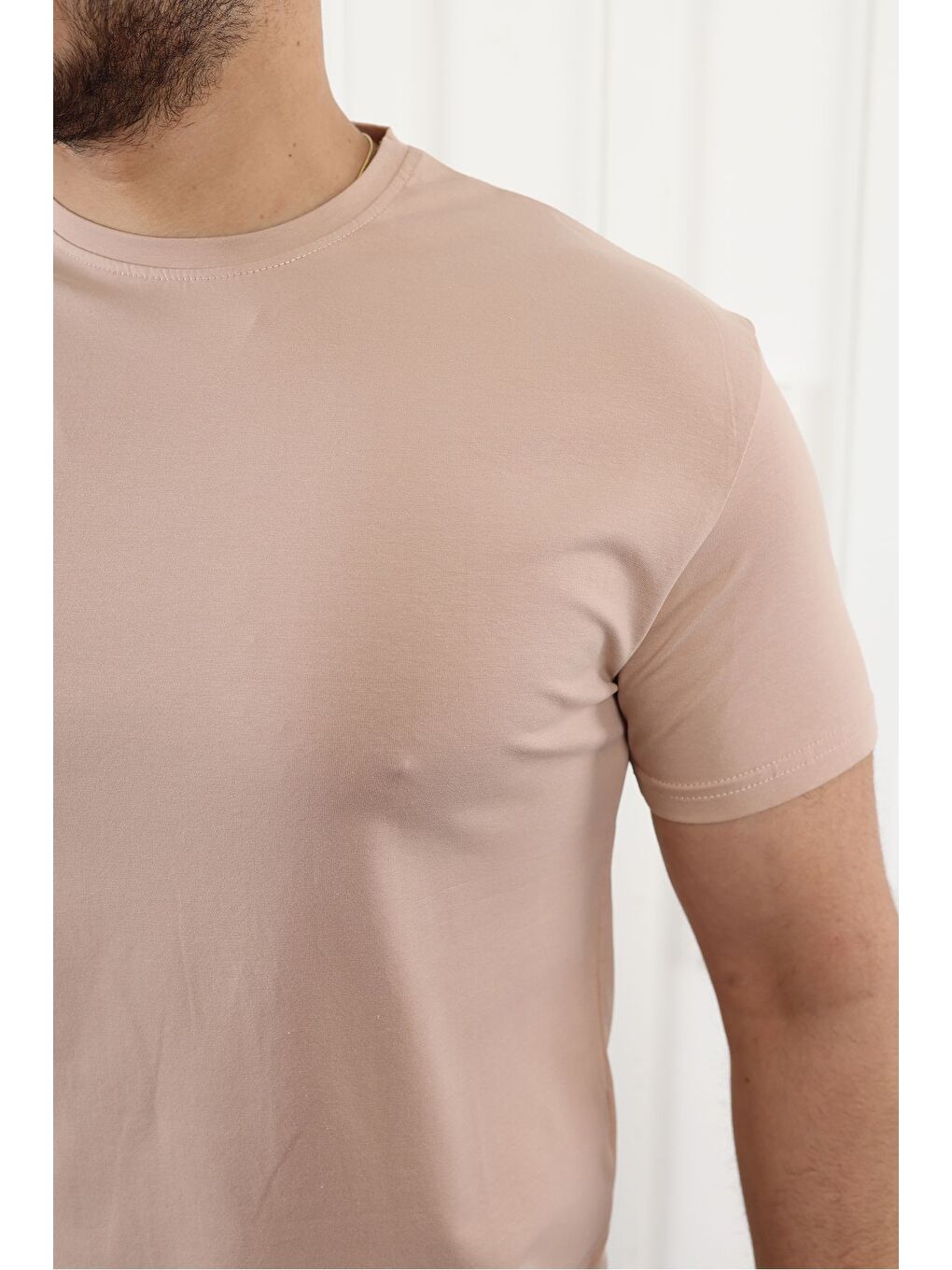 Pembe Erkek Slim Fit Baskısız T-Shirt-1