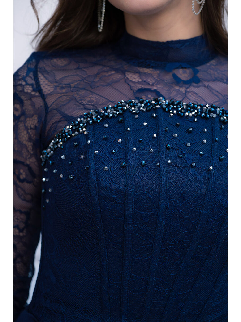 Kadın Lacivert Bolero Detaylı Uzun Dantelli Balık Abiye Elbise-4