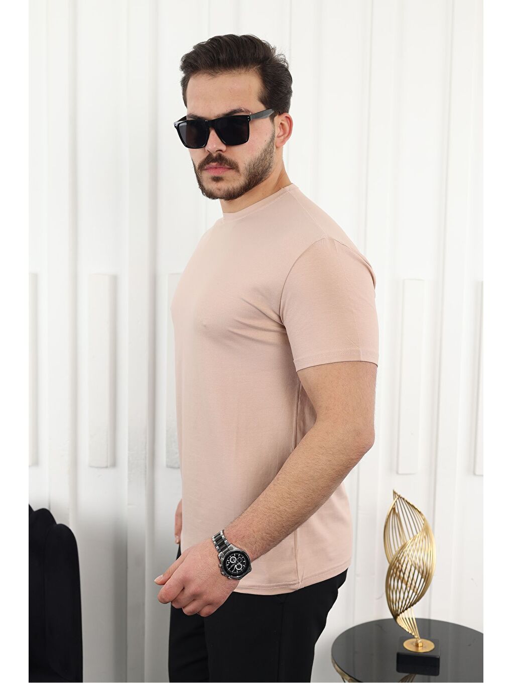 Pembe Erkek Slim Fit Baskısız T-Shirt-2