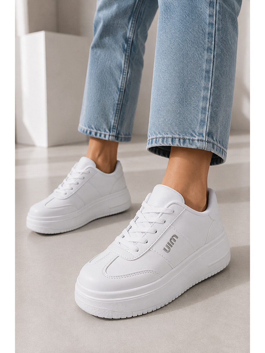 Beyaz Kadın, Süet Doku, Kalın Taban, Bağcıklı, Günlük Sneaker Ayakkabı-1