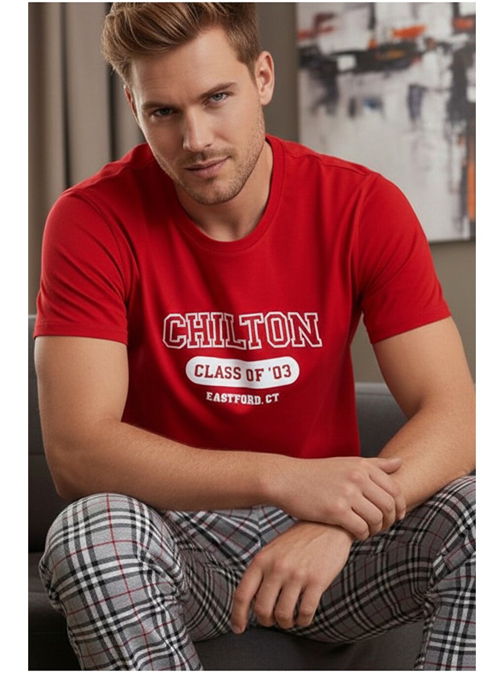Kırmızı Bisiklet Yaka Baskılı Örme Pijama Takım 25109842
