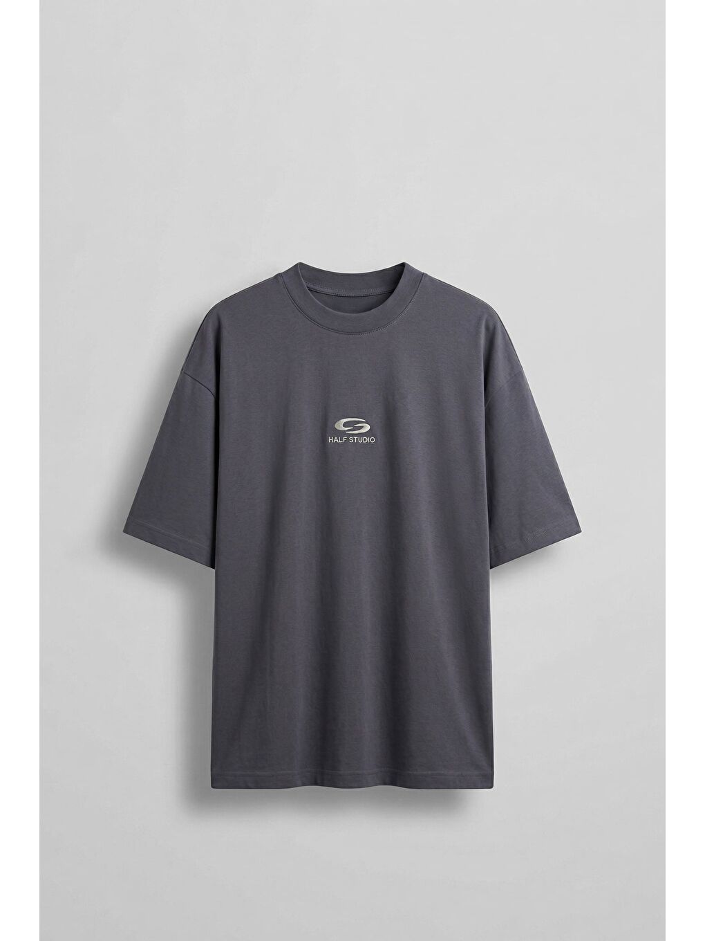 Erkek Oversize Basic Minimal Logo Nakışlı T-Shirt Antrasit