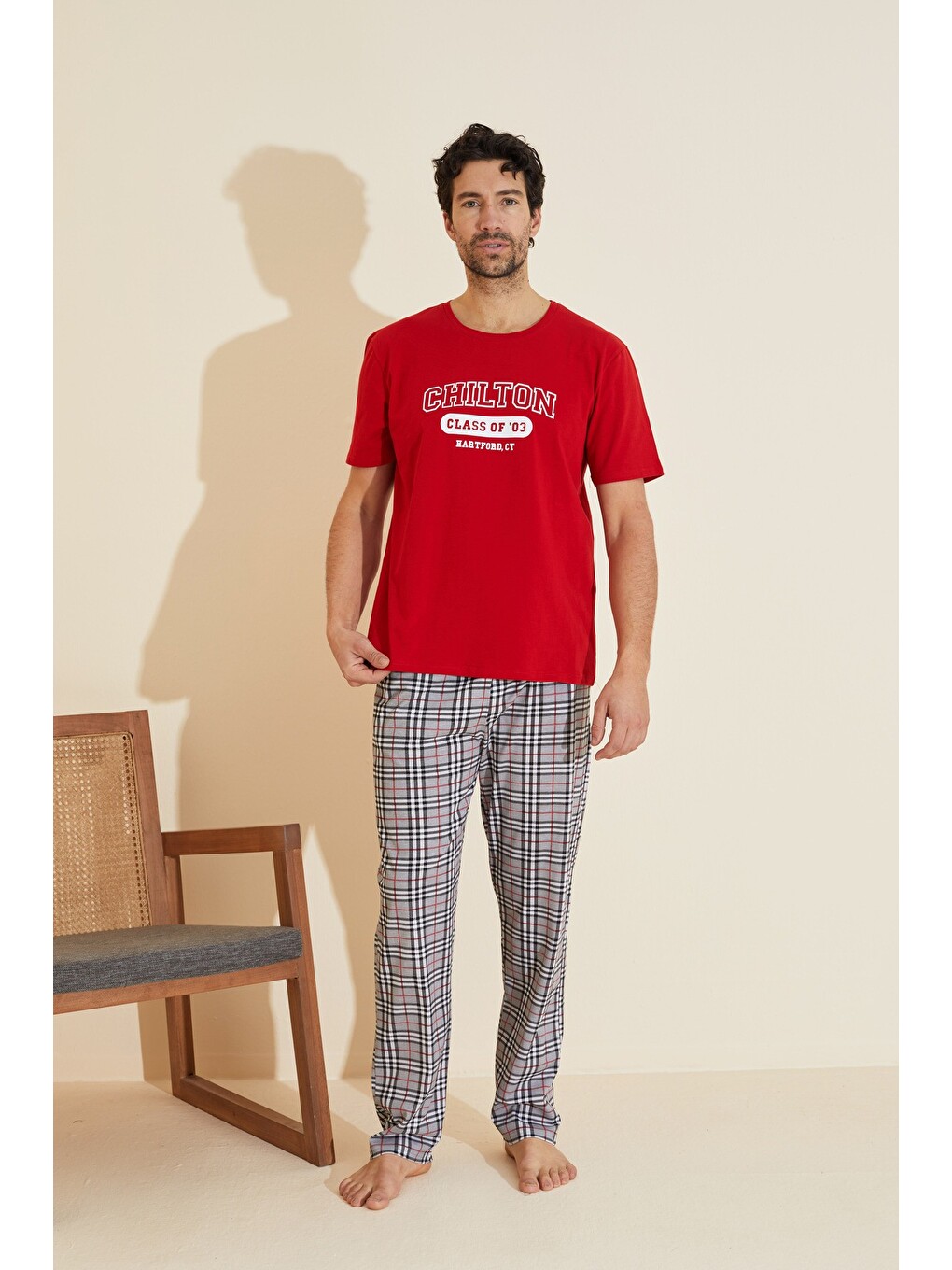 Kırmızı Bisiklet Yaka Baskılı Örme Pijama Takım 25109842-1