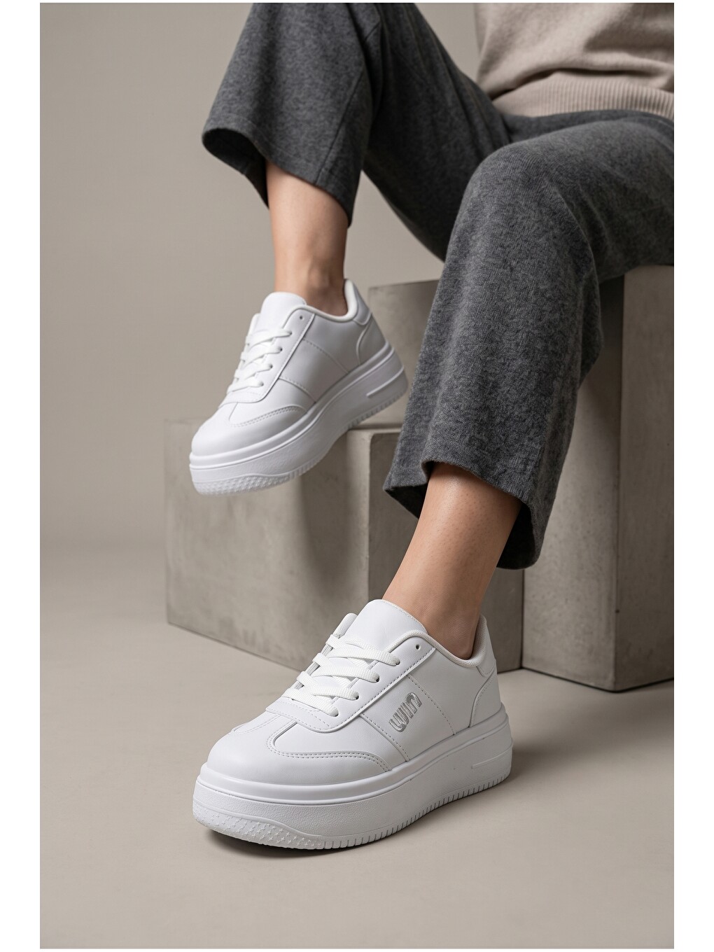 Beyaz Kadın, Süet Doku, Kalın Taban, Bağcıklı, Günlük Sneaker Ayakkabı-2