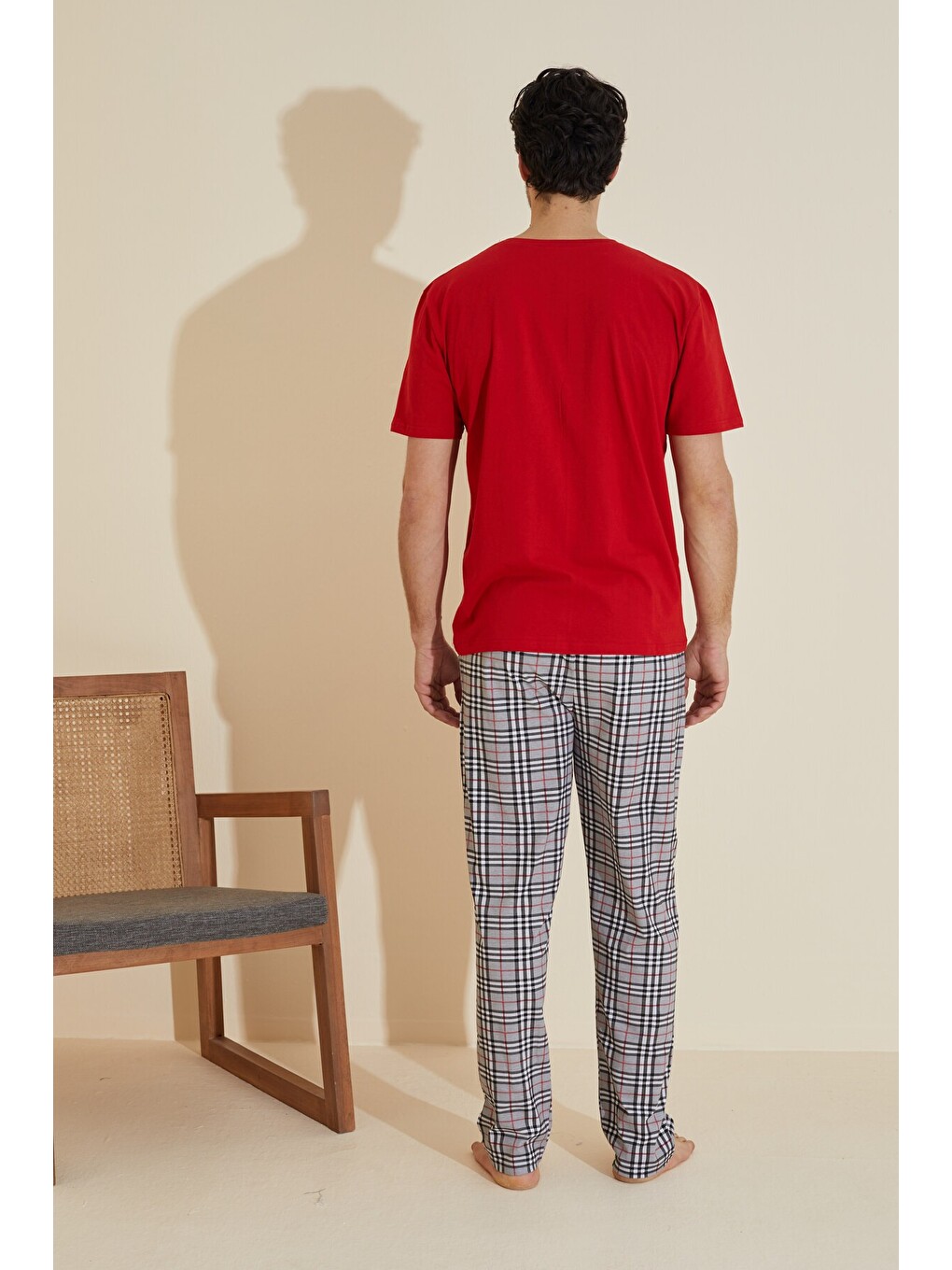 Kırmızı Bisiklet Yaka Baskılı Örme Pijama Takım 25109842-2
