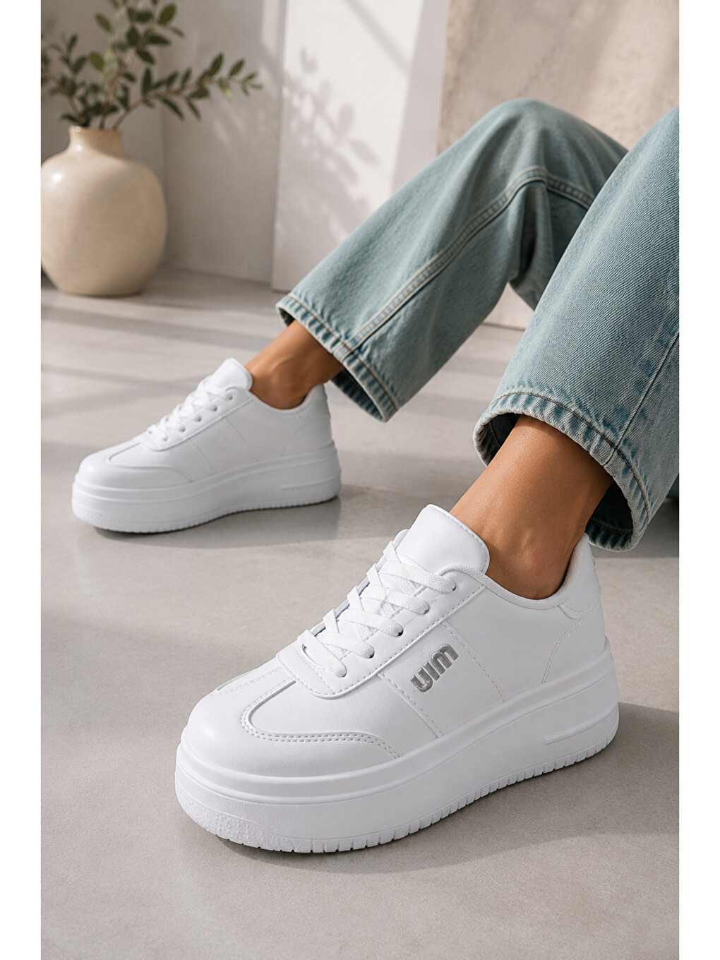 Beyaz Kadın, Süet Doku, Kalın Taban, Bağcıklı, Günlük Sneaker Ayakkabı-3