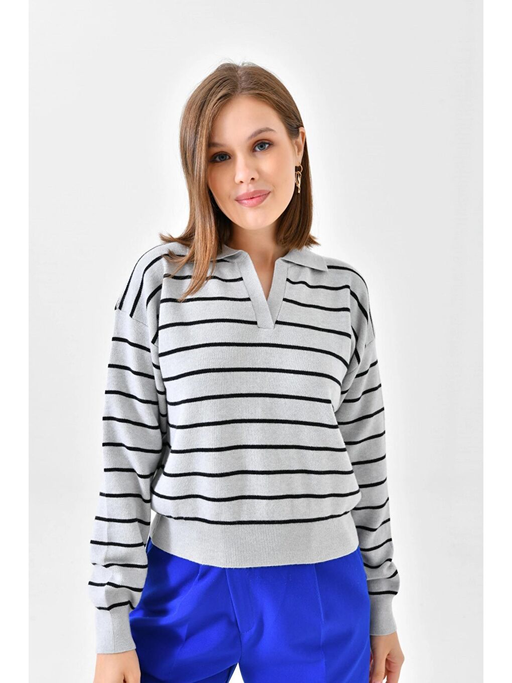 Gri Çizgili Polo Yaka Kazak-2
