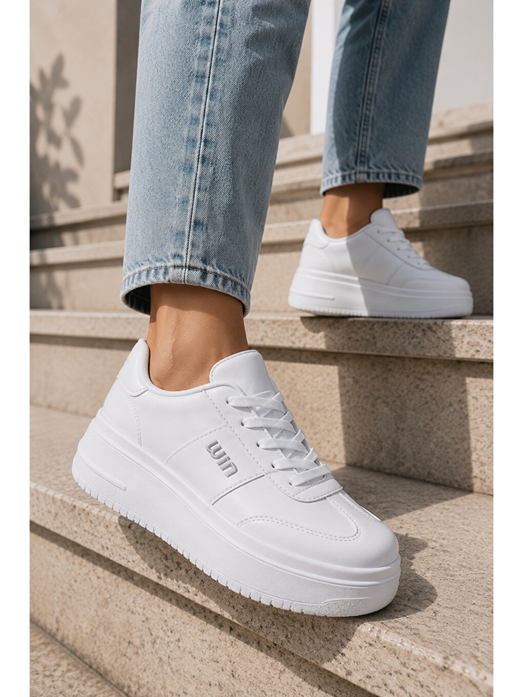 Beyaz Kadın, Süet Doku, Kalın Taban, Bağcıklı, Günlük Sneaker Ayakkabı-4