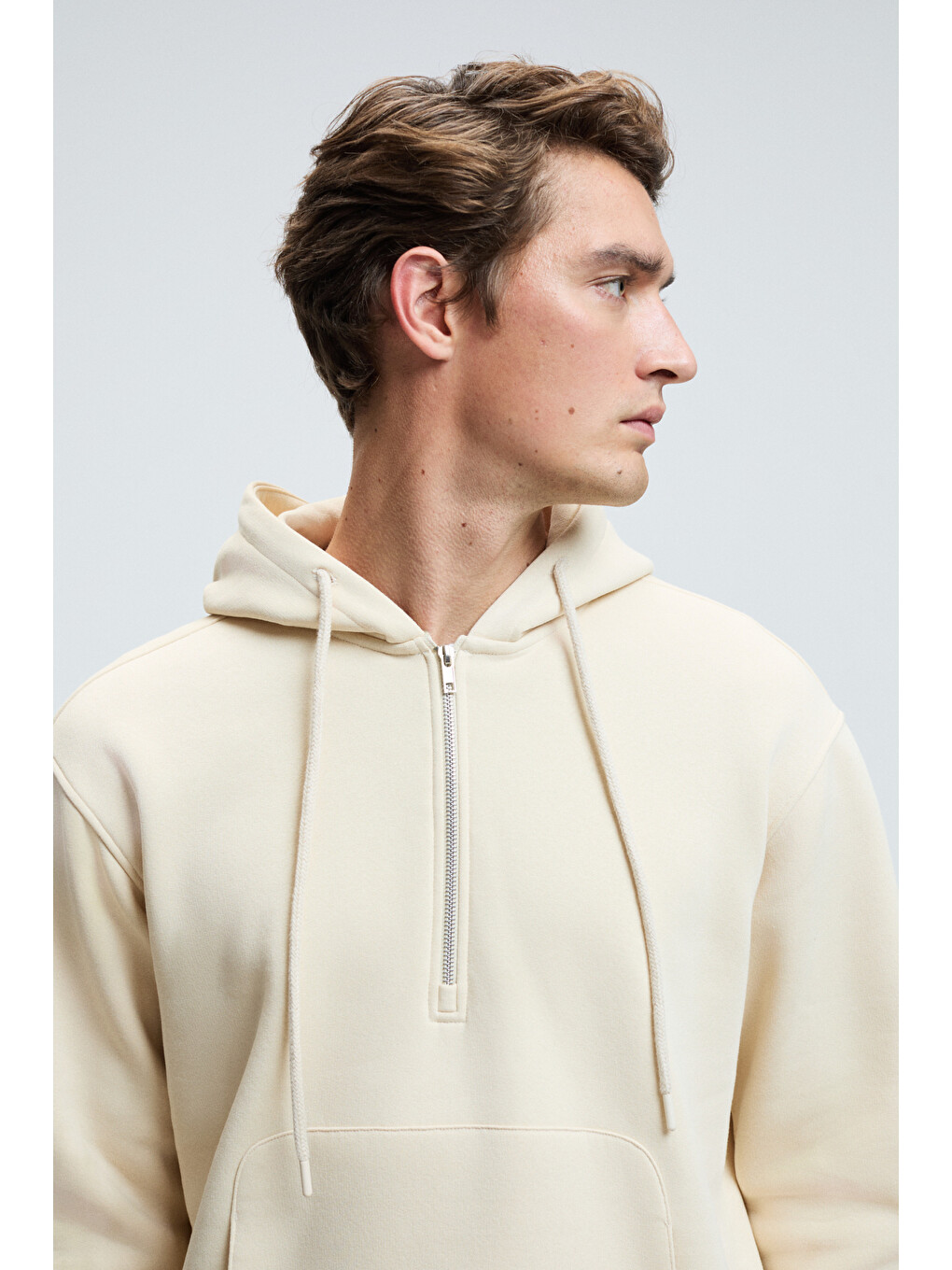 Ekru Justus Erkek Kapüşonlu Kanguru Cepli Fermuar Yakalı Krem Sweatshirt-5