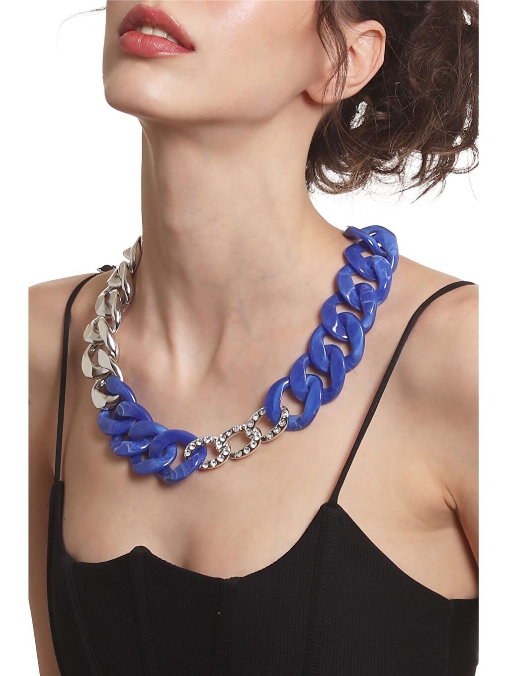 Gri Kadın Kalın Zincir Formlu Gece Mavisi &Gümüş Renk Geçirmeli Akrilik Tasarım Kolye-2