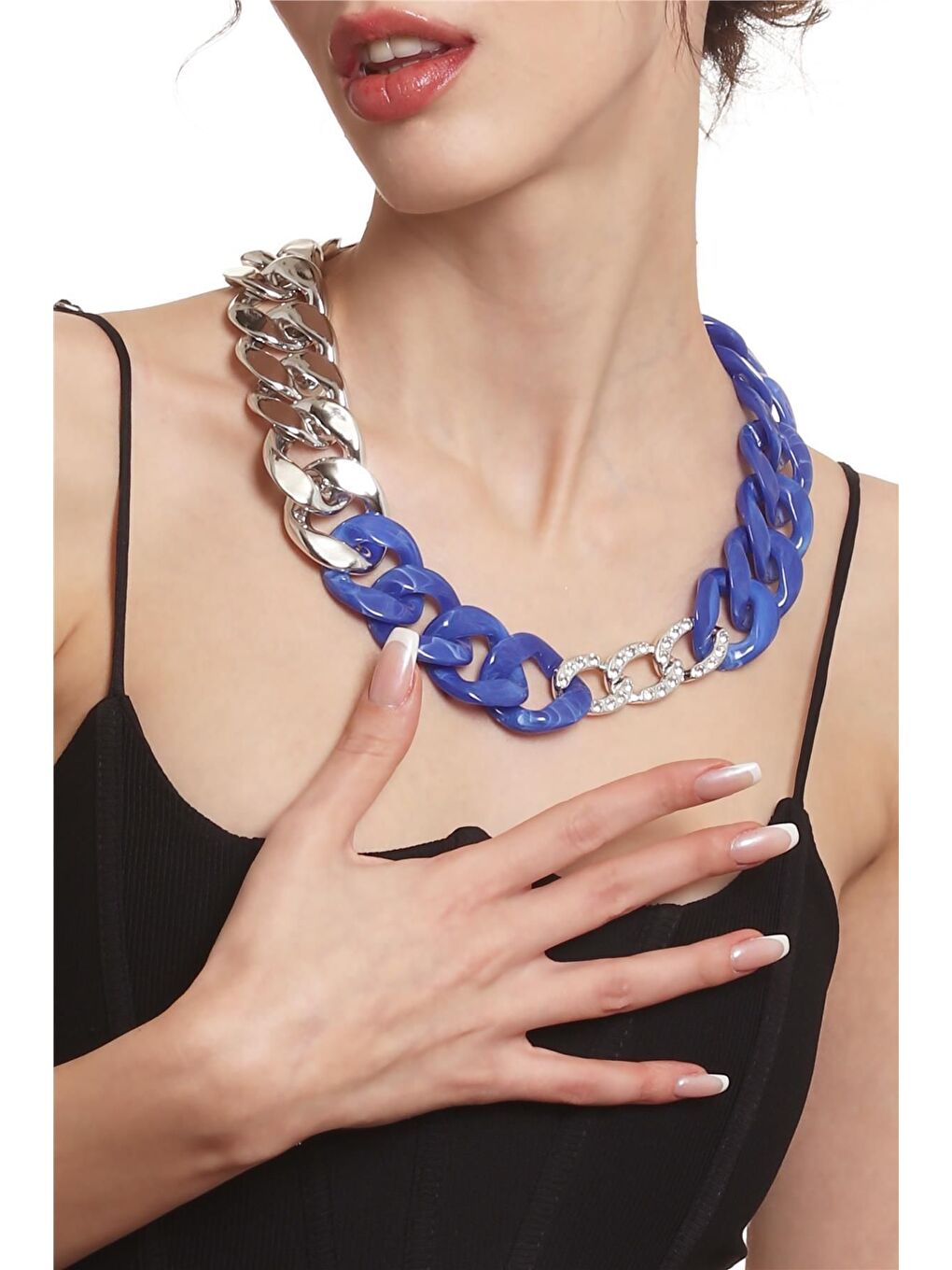 Gri Kadın Kalın Zincir Formlu Gece Mavisi &Gümüş Renk Geçirmeli Akrilik Tasarım Kolye-1