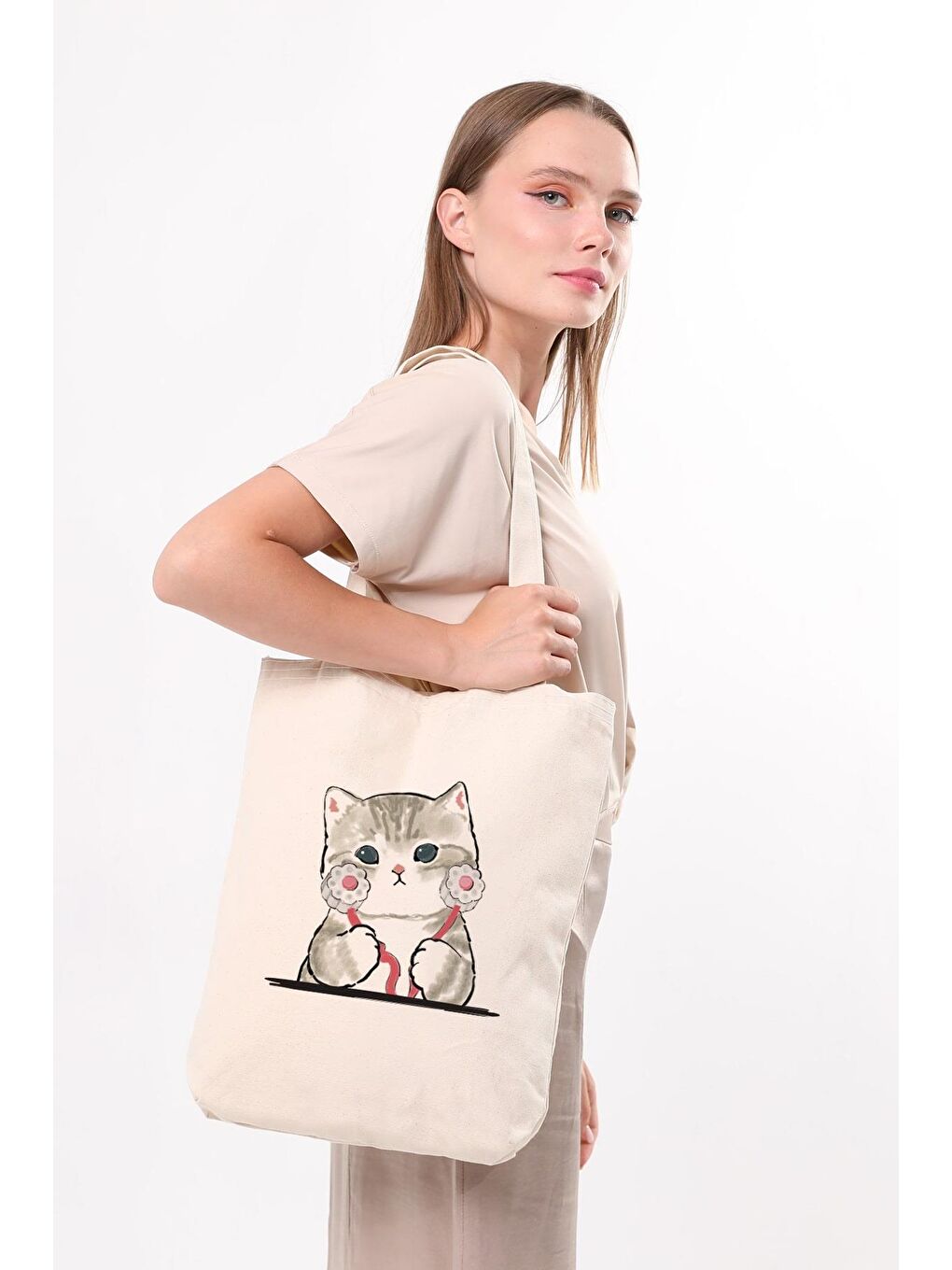 Ekru Kanvas Doktor Kedi Bez Çanta C1613-2